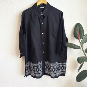 Richard Malcom Womens Button Up Embroidered Linen Tunic Top Size 2X Geometric